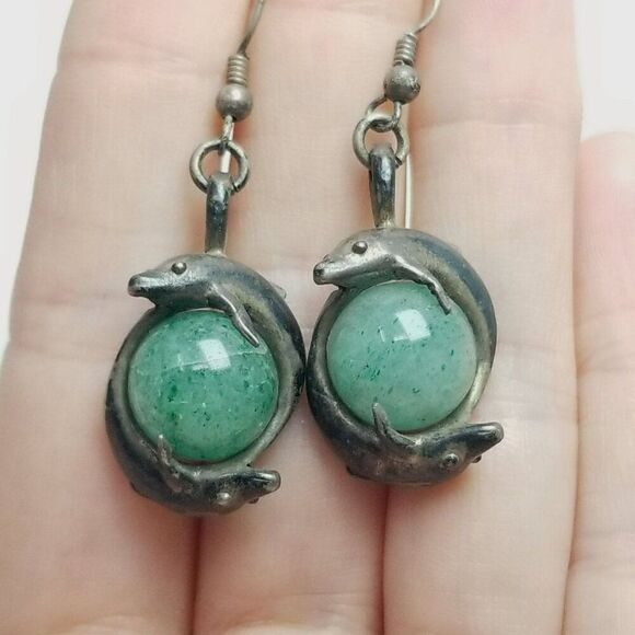 Vintage Dolphin Green Ball Dangle Earrings, Silver Tone Tarnished, 80s 90s Style - Picture 7 of 8